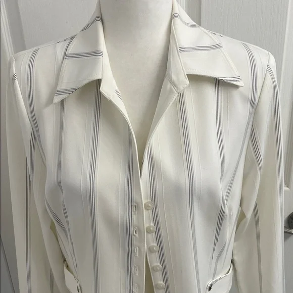 Frank Lyman Design Winter White Striped Blazer Top Button Down Front & Cuffs Sz8 - Picture 4 of 13